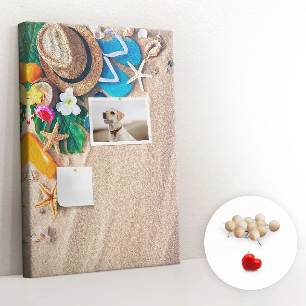 Pinwand Korkplatte Tafel ohne Rahmen - Lehrmittel Kinderspiel - 40x60 cm - 100 Stk. Holz-Pinnadeln - Exotischer Strand
